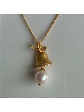 Gold-Plated Christmas Bell Pendant with Freshwater Pearl| Christmas jewelry gift